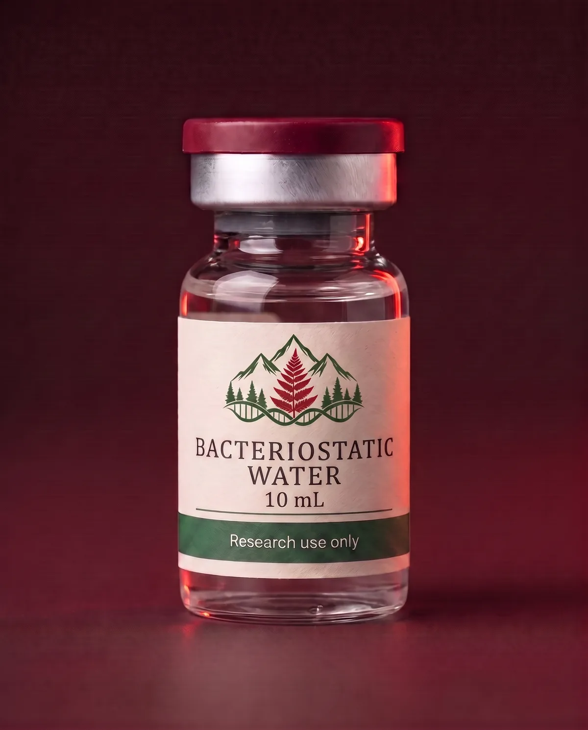 Illustrative render of a Bacteriostatic Water 10 mL research vial with a cream label carrying the Red Fern mark and a green Research use only band