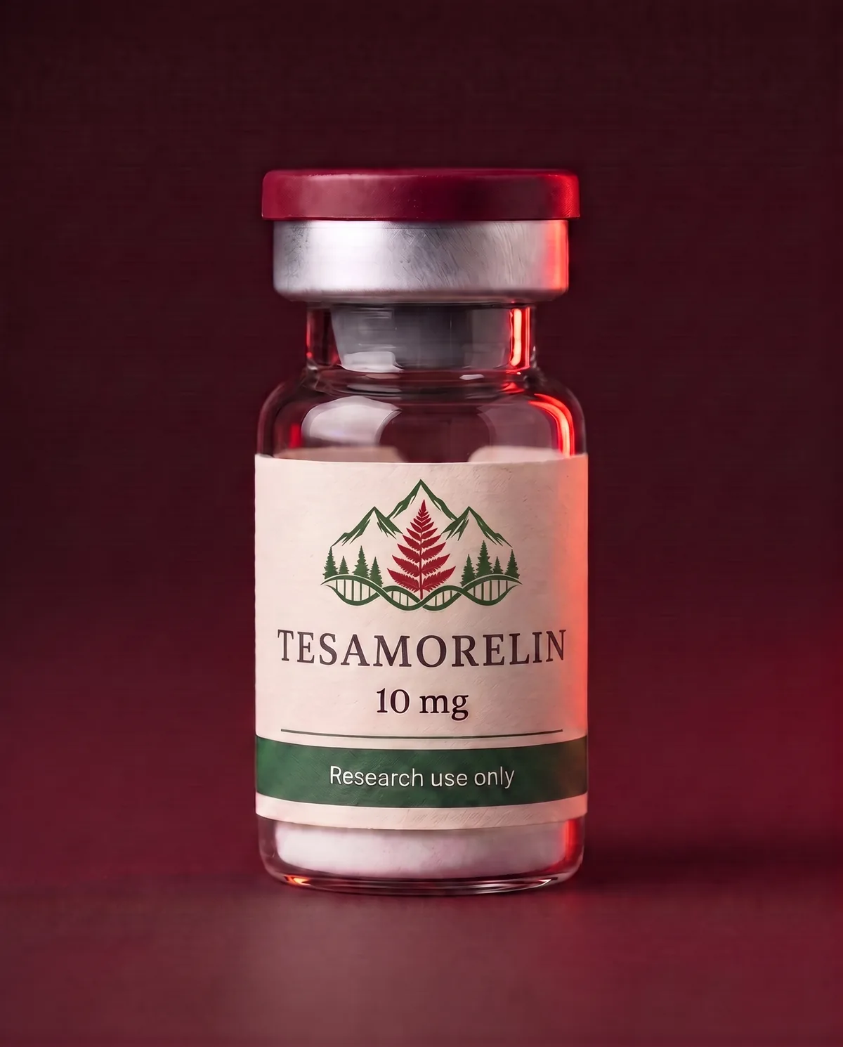 Illustrative render of a Tesamorelin 10 mg research vial with a cream label carrying the Red Fern mark and a green Research use only band